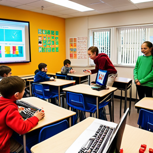 **

A brightly lit classroom filled with children of various ages excitedly working on computers and colorful robotic kits. The instructor, with a warm and encouraging smile, is gesturing towards a screen showing a Scratch programming interface. There are posters on the wall featuring coding concepts and inspirational figures in technology.

**