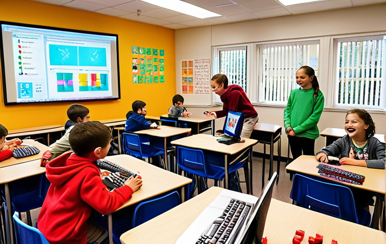 **
A brightly lit classroom filled with children of various ages excitedly working on computers and colorful robotic kits. The instructor, with a warm and encouraging smile, is gesturing towards a screen showing a Scratch programming interface. There are posters on the wall featuring coding concepts and inspirational figures in technology.
**