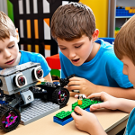 **

> Children collaboratively building and programming LEGO robots in a bright, creative workshop. Focus on the teamwork, problem-solving, and excitement on their faces as they program their robot to follow a line.

**