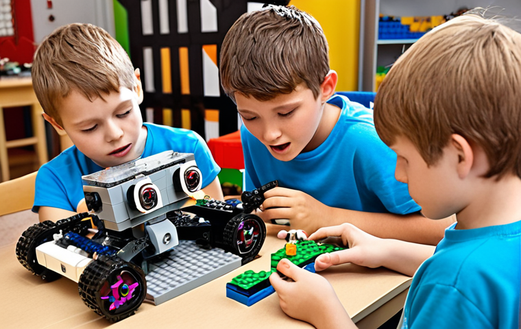 **
> Children collaboratively building and programming LEGO robots in a bright, creative workshop. Focus on the teamwork, problem-solving, and excitement on their faces as they program their robot to follow a line.
**