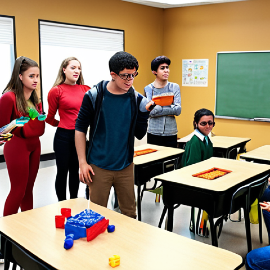 ** A classroom scene with diverse students engaged in a role-playing game to learn object-oriented programming. The students are acting out roles, possibly with props or costumes, to represent classes and objects, creating a fun and interactive virtual ecosystem.

**