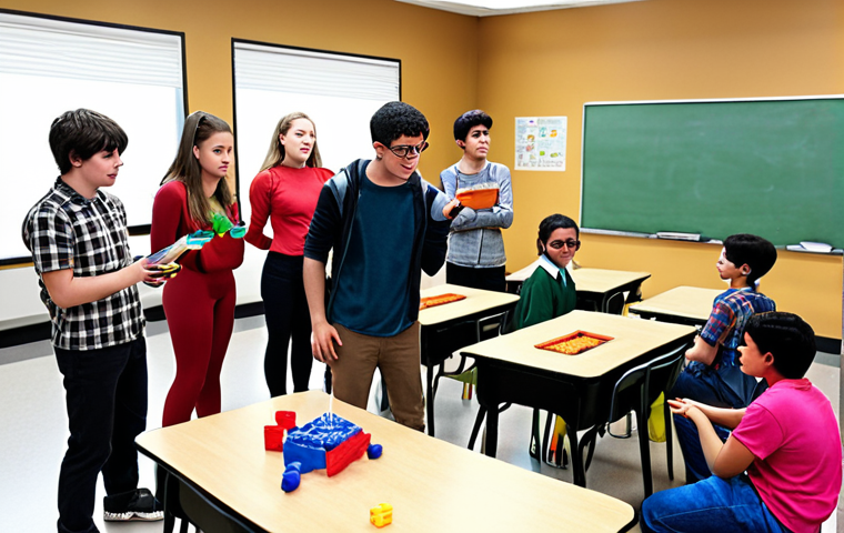 ** A classroom scene with diverse students engaged in a role-playing game to learn object-oriented programming. The students are acting out roles, possibly with props or costumes, to represent classes and objects, creating a fun and interactive virtual ecosystem.
**