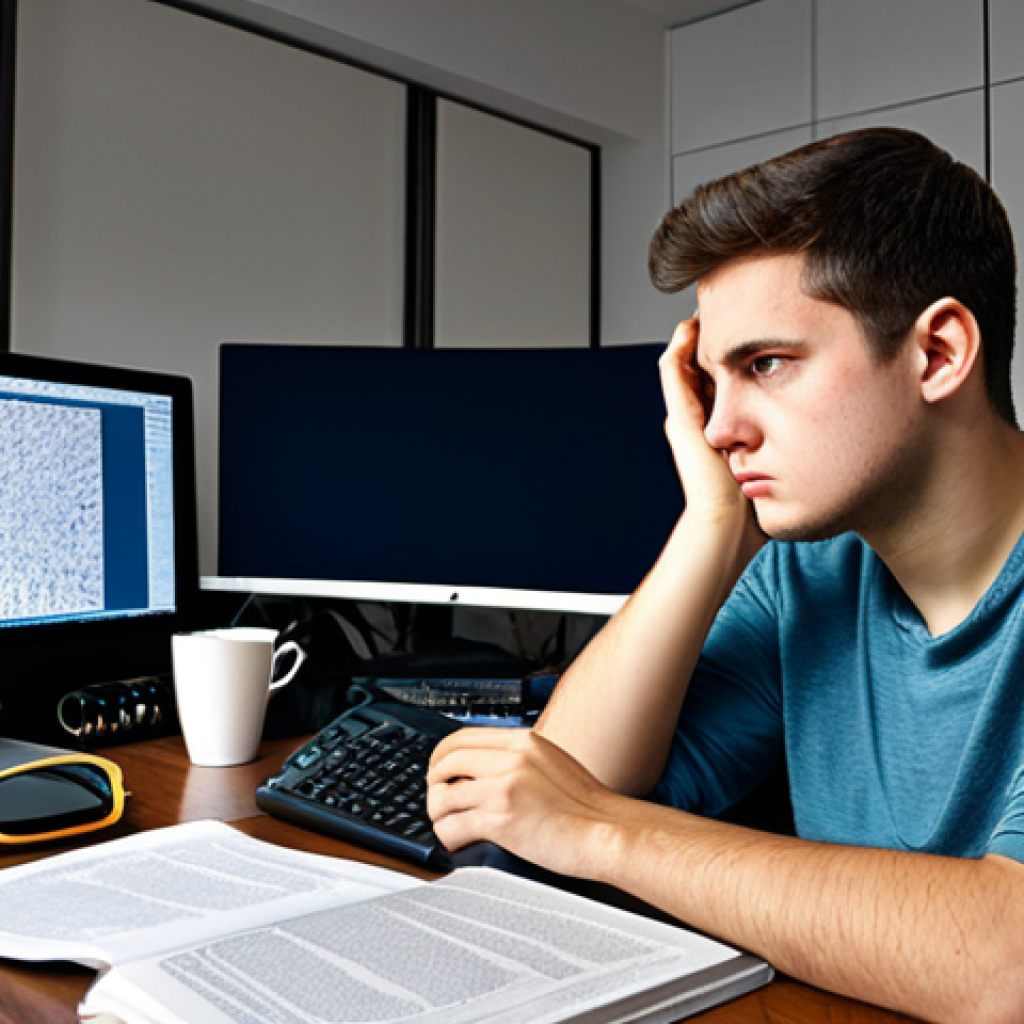 A young adult in modest, casual attire, sitting alone at a cluttered desk in a home office, looking overwhelmed and frustrated by multiple open screens displaying complex code and scattered books. The scene conveys a sense of information overload and struggle. Natural pose, perfect anatomy, correct proportions, well-formed hands, proper finger count, natural body proportions, professional photography, high quality, fully clothed, appropriate attire, safe for work, appropriate content, family-friendly.