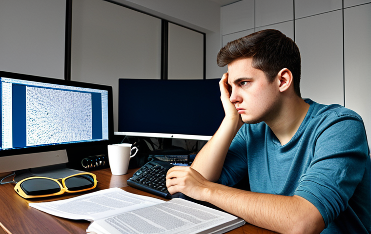 A young adult in modest, casual attire, sitting alone at a cluttered desk in a home office, looking overwhelmed and frustrated by multiple open screens displaying complex code and scattered books. The scene conveys a sense of information overload and struggle. Natural pose, perfect anatomy, correct proportions, well-formed hands, proper finger count, natural body proportions, professional photography, high quality, fully clothed, appropriate attire, safe for work, appropriate content, family-friendly.