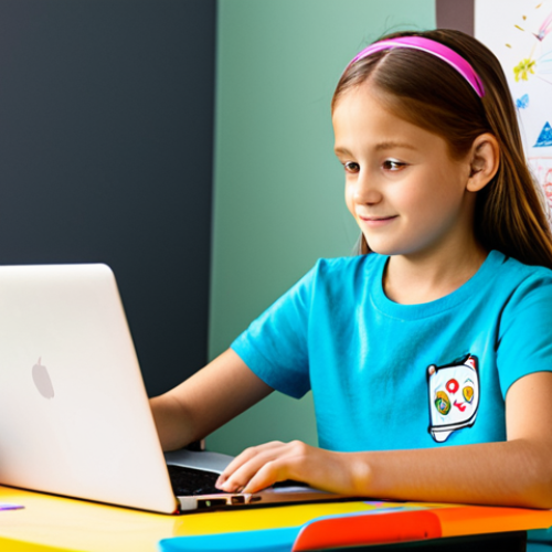 Home 16 코딩교육지도사 교육 기획 방법 - **
A young girl (8-10 years old) wearing a brightly colored t-shirt and jeans, sitting at a desk wi...