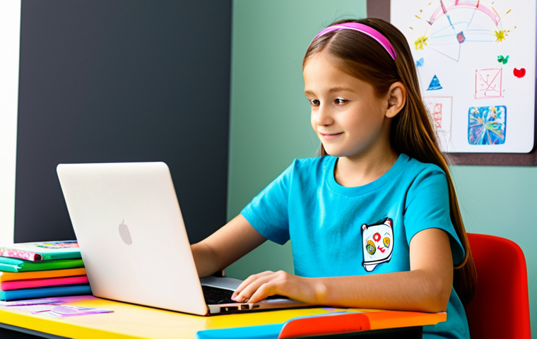 코딩교육지도사 교육 기획 방법 - **
A young girl (8-10 years old) wearing a brightly colored t-shirt and jeans, sitting at a desk wi...