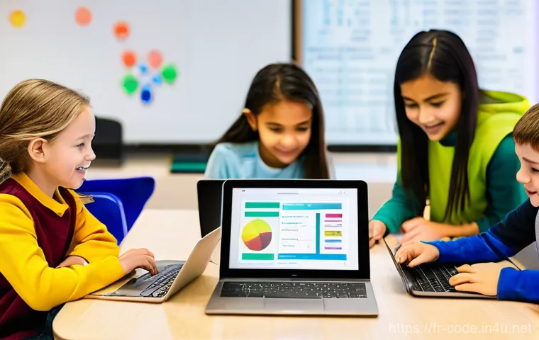 코딩교육지도사와 교육 혁신 사례 - **Prompt 1: Collaborative Coding in a Modern Classroom**
"A diverse group of 10-12 year old chil...