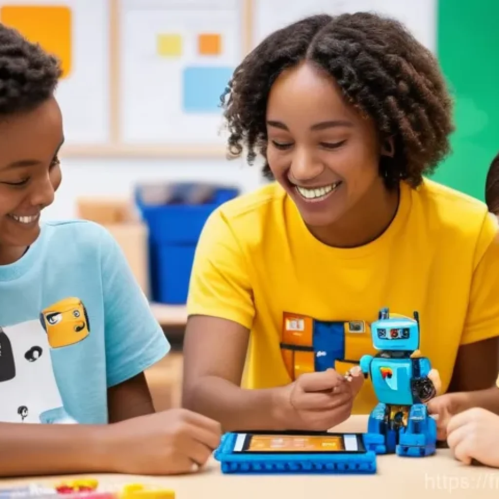 코딩교육지도사와 AI 윤리 교육 - **A Vibrant Coding Workshop for Children:** A group of diverse children, aged 6-10, are enthusiastic...
