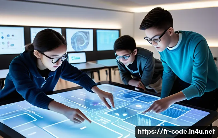 코딩교육지도사로서 현장 적응 팁 - **Prompt: "A vibrant, futuristic classroom where a diverse group of high school students (aged 15-18...