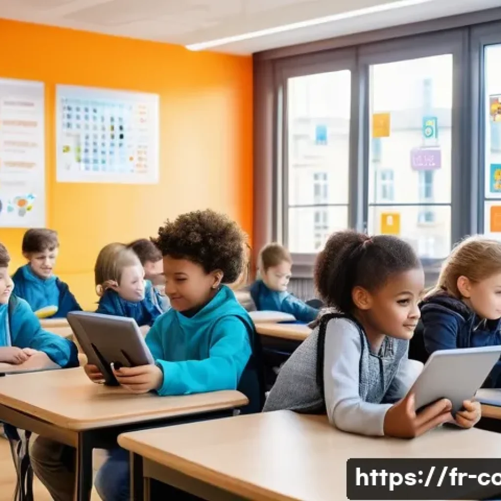 코딩교육지도사와 학습 자료 개발 사례 - A vibrant classroom scene in a modern French school where young children aged 8-12 are engaging with...