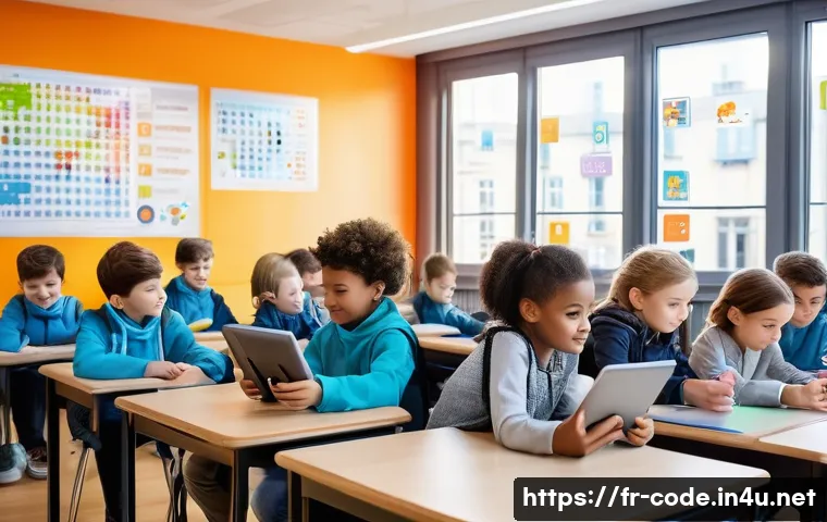 코딩교육지도사와 학습 자료 개발 사례 - A vibrant classroom scene in a modern French school where young children aged 8-12 are engaging with...
