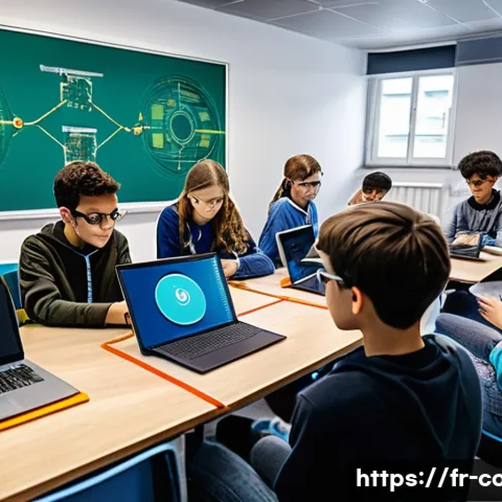 코딩교육지도사와 엔지니어링 교육의 연계 - A modern classroom setting in France where diverse students collaborate on an interdisciplinary proj...