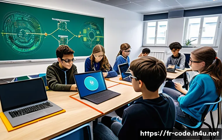 코딩교육지도사와 엔지니어링 교육의 연계 - A modern classroom setting in France where diverse students collaborate on an interdisciplinary proj...