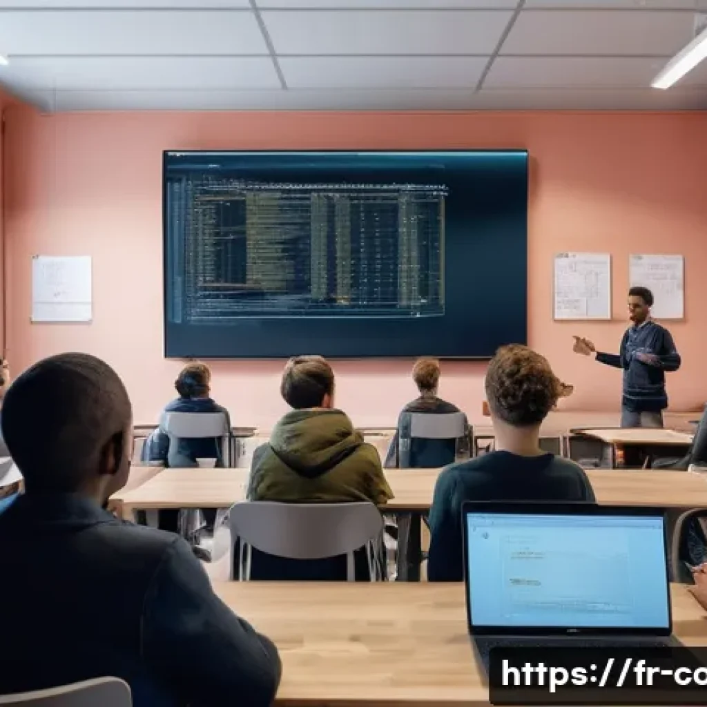 코딩교육지도사와 자격증 시험 문제 예시 - A modern classroom scene in a French coding school, featuring a diverse group of adult students atte...
