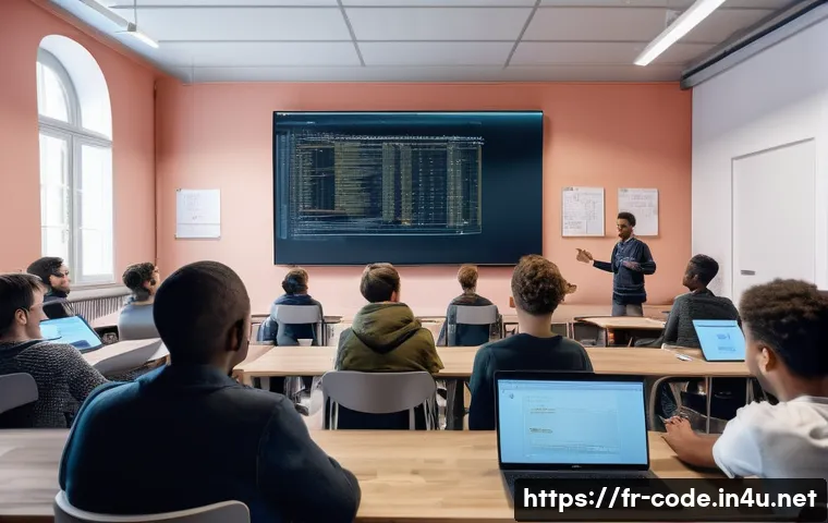 코딩교육지도사와 자격증 시험 문제 예시 - A modern classroom scene in a French coding school, featuring a diverse group of adult students atte...
