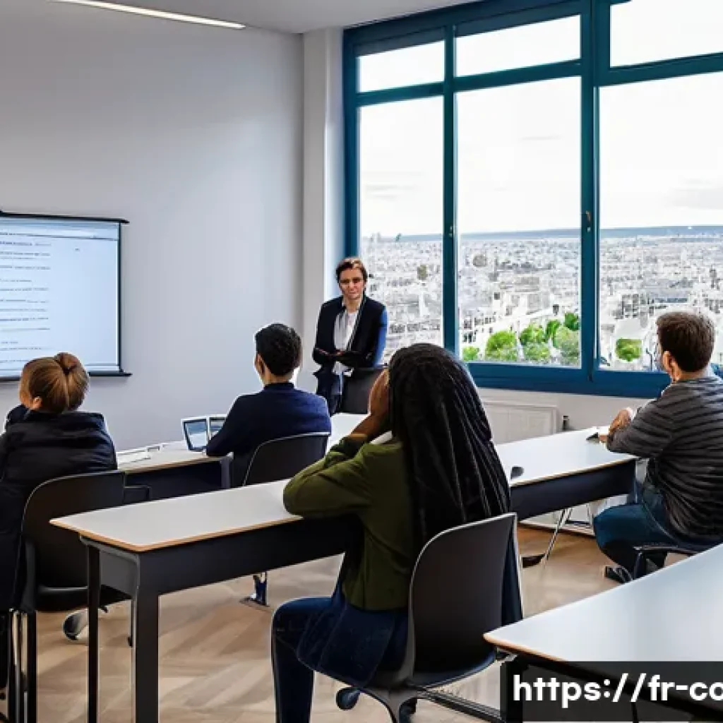 코딩교육지도사와 AI 활용 교육 사례 - A modern classroom setting in Paris with a diverse group of adult learners seated at desks using lap...