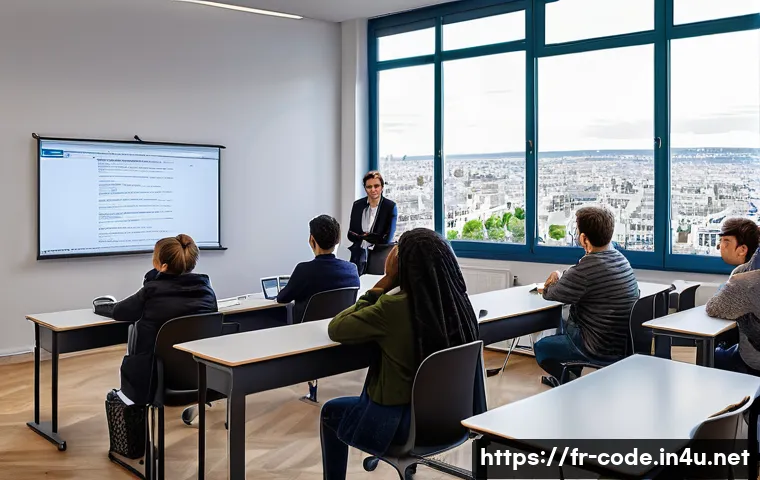 코딩교육지도사와 AI 활용 교육 사례 - A modern classroom setting in Paris with a diverse group of adult learners seated at desks using lap...