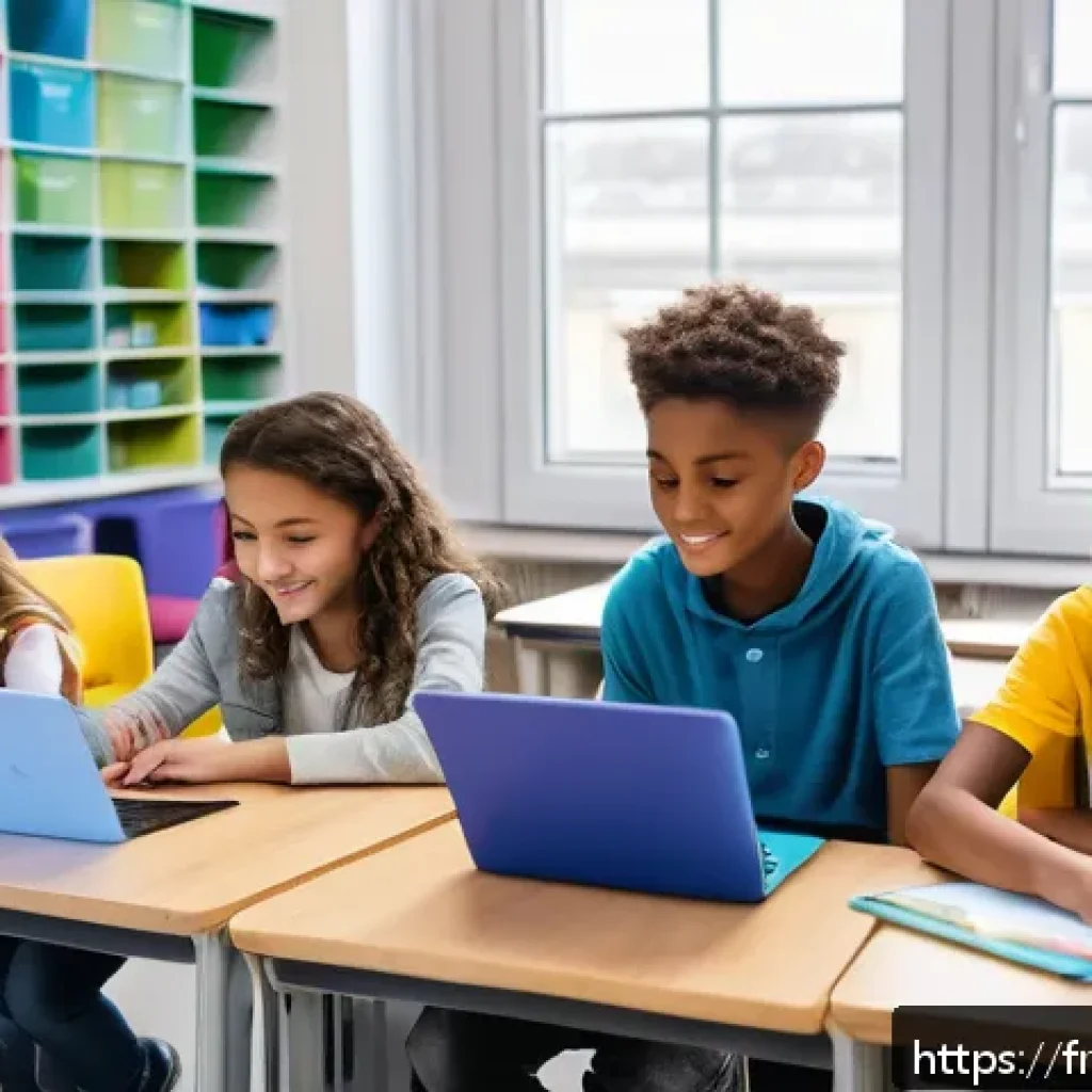코딩교육지도사와 강의 스킬 개발 방법 - A bright, modern classroom in France arranged with flexible seating clusters where diverse French st...