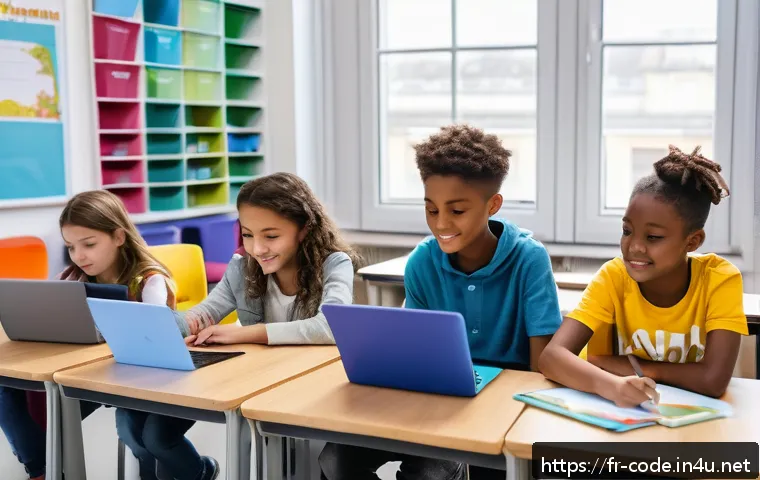 코딩교육지도사와 강의 스킬 개발 방법 - A bright, modern classroom in France arranged with flexible seating clusters where diverse French st...