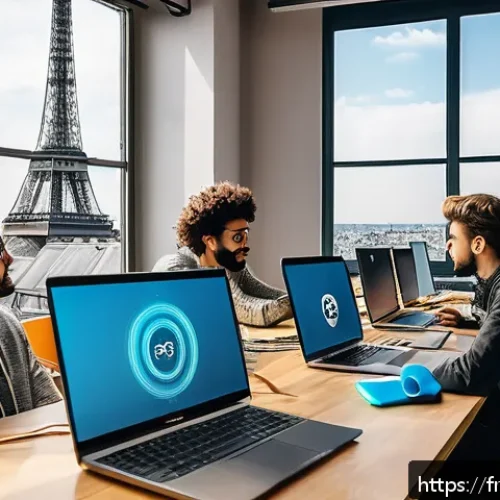 Home 31 코딩교육지도사와 IT 트렌드 분석 - A modern, bright coworking space in Paris filled with diverse young developers collaborating on lapt...