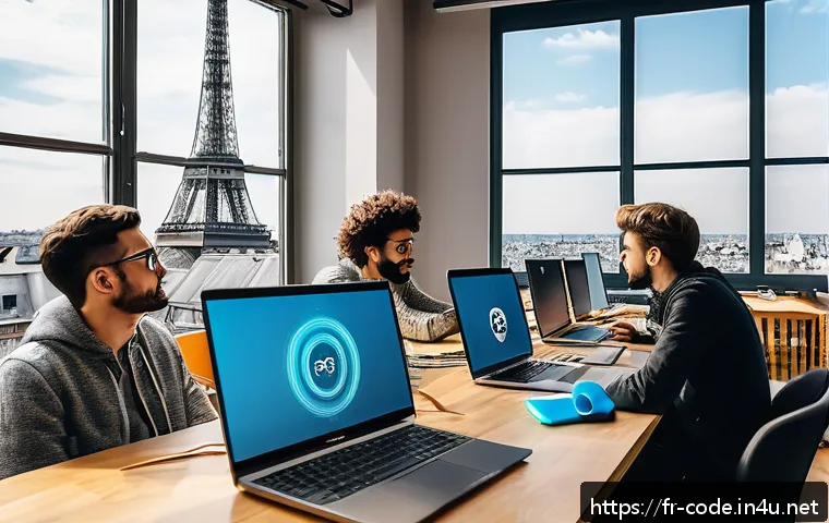 코딩교육지도사와 IT 트렌드 분석 - A modern, bright coworking space in Paris filled with diverse young developers collaborating on lapt...