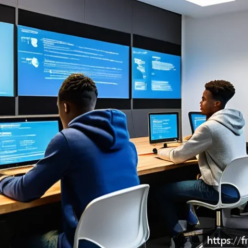 Home 30 코딩교육지도사와 온라인 교육의 미래 - A diverse group of young adult learners collaborating in a bright, modern coding classroom in Paris,...