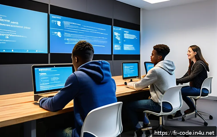 코딩교육지도사와 온라인 교육의 미래 - A diverse group of young adult learners collaborating in a bright, modern coding classroom in Paris,...