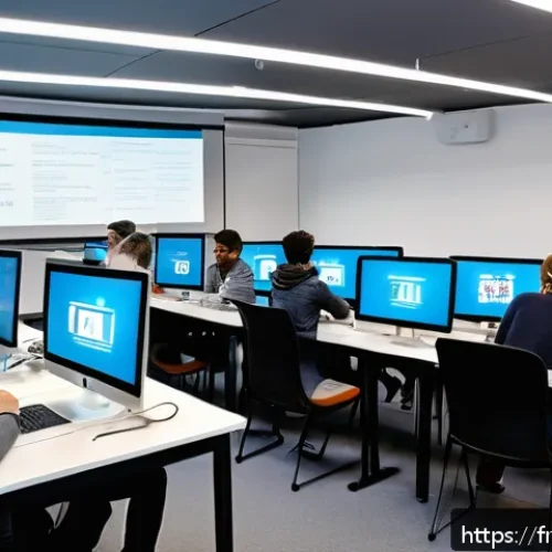 Home 29 코딩교육지도사 자격증을 활용한 창업 사례 - A modern coding classroom in Île-de-France featuring diverse adult learners attending a practical we...