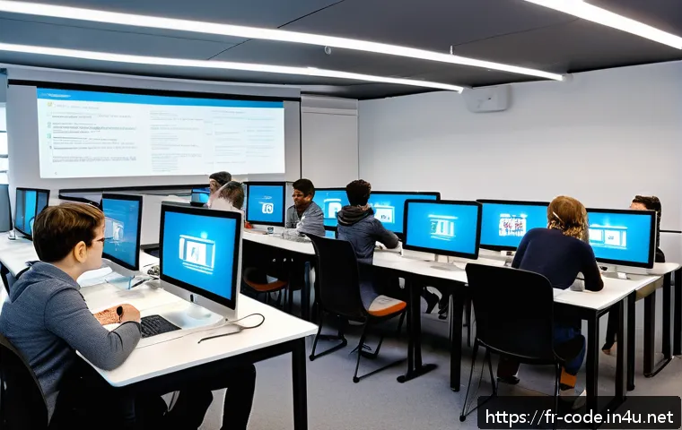 코딩교육지도사 자격증을 활용한 창업 사례 - A modern coding classroom in &Icirc;le-de-France featuring diverse adult learners attending a practical we...