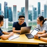 Home 16 코딩교육지도사 해외 취업 가능성 - A diverse group of international coding coaches in a modern coworking space in Western Europe, featu...