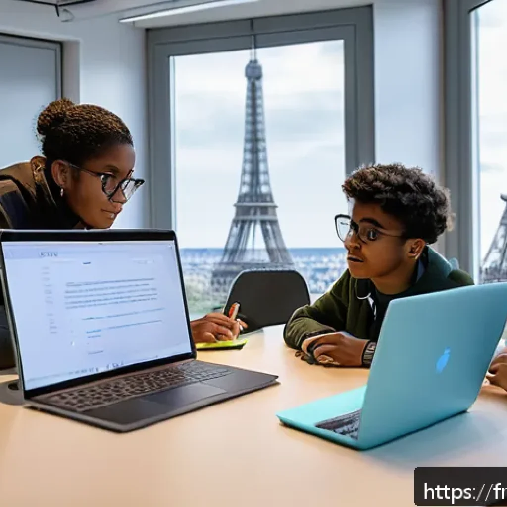 코딩교육지도사와 학습 평가 사례 - A modern coding classroom scene in Paris, featuring diverse French students collaborating on a real-...