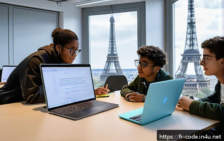 코딩교육지도사와 학습 평가 사례 - A modern coding classroom scene in Paris, featuring diverse French students collaborating on a real-...