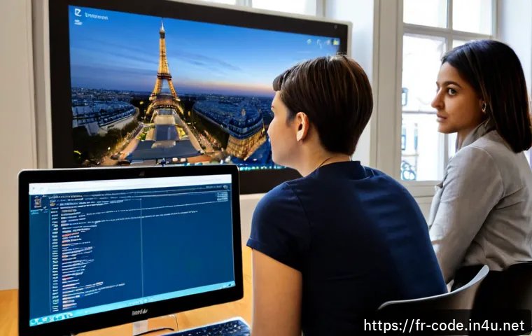 Home 27 코딩교육지도사 취업 후 성장 가능성 - Photorealistic French coding education instructor guiding a small group of diverse adult learners in...