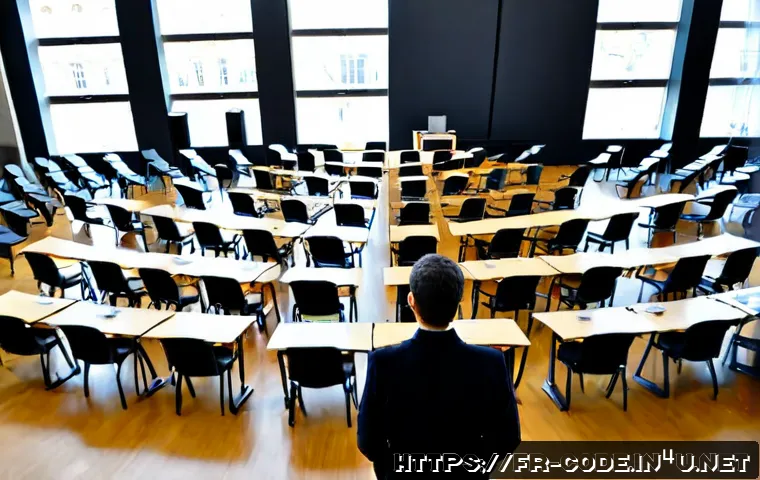 코딩교육지도사로서 대규모 강의 준비 사례 - Photorealistic wide-angle scene of a French coding education instructor preparing a large university...