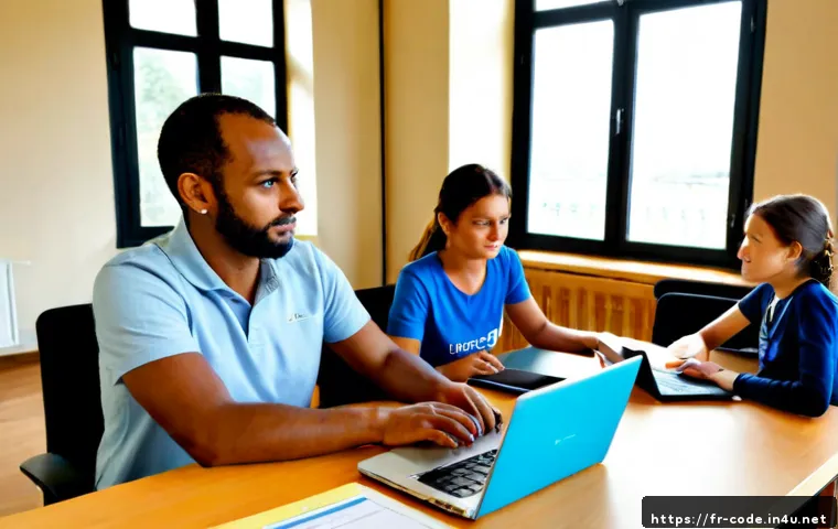 코딩교육지도사 자격증과 경력 관리 전략 - Photorealistic French coding education instructor in a bright modern training room, guiding a small ...