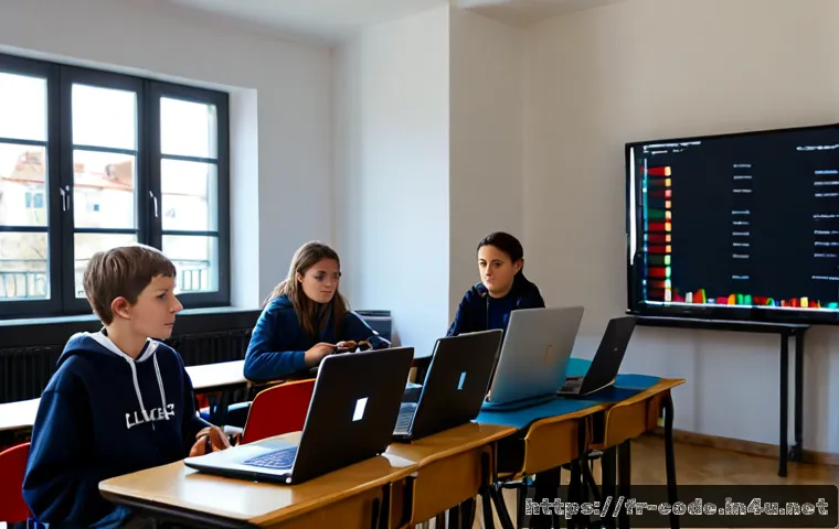 Home 30 코딩교육지도사와 데이터 시각화 수업 사례 - Photorealistic French secondary school classroom in Lyon, a coding education instructor guiding dive...