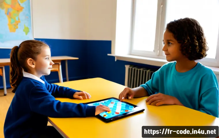코딩교육지도사로서 코딩 학습 게임 개발 - Photorealistic French coding education instructor guiding two middle-school students as they test a ...